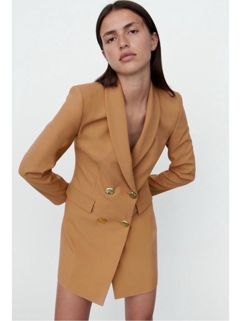Zara Camel Double-Breasted Blazer Dress with Gold Buttons